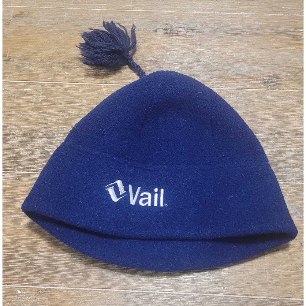 Vail Ski Resort Blue Skully Beanie Winter Hat Cap With Pompom Turtle Fur Adult